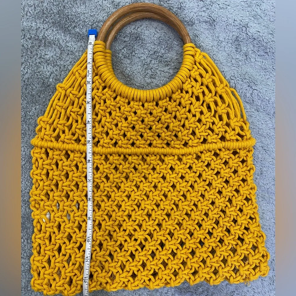 Yellow Woven Handbag with Wooden Handles - Picture 3 of 7